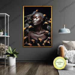 bird woman art canvas, abstract female portrait, wall decor, modern art, feminine artwork