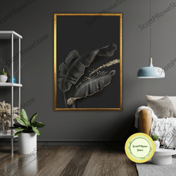 black leaf art canvas, modern nature wall decor, minimalist botanical painting