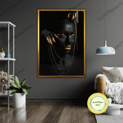 black woman gold accessory art canvas print, ready to hang, framed wall decor, african american art
