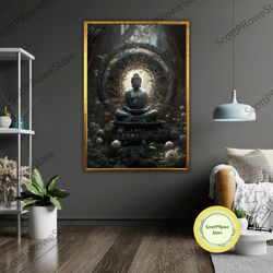buddha jungle statue canvas print, ready to hang, framed art, zen wall decor, nature inspired