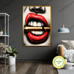 bullet between lips canvas print, framed wall art, ready to hang, edgy decor, unique gift