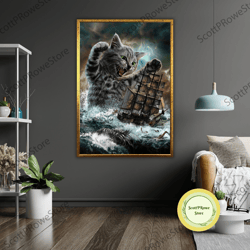 cat attacking ship canvas print, ready to hang, framed wall art, nautical decor, cat lover gift