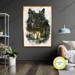 cat in the forest art canvas, animal wall decor, nature inspired art, cat lover gift