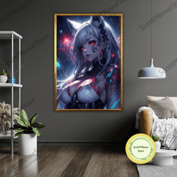 cat woman anime art canvas print, wall decor, cat lover gift, anime fan decoration