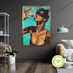 cat woman drinking milk art canvas print, ready to hang, framed wall art, modern home decor