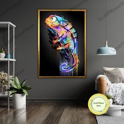 chameleon surreal canvas print, ready to hang, framed wall decor, animal art, colorful reptile