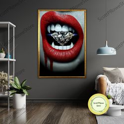 diamond lip art canvas, lips wall decor, modern art, diamond lips gift, lips home decor