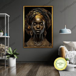 ethnic art black and gold woman canvas print, ready to hang, framed african american art, wall decor, contemporary home