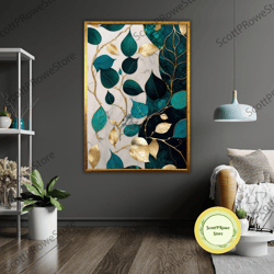 green marble leafs art canvas print, ready to hang, framed nature wall decor