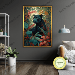 jaguar in flowers art canvas, wildlife wall decor, animal lover gift, nature inspired painting