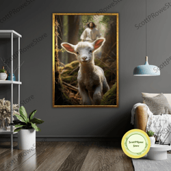 jesus and lamb art canvas print, ready to hang, christian wall decor, framed canvas, religious gift