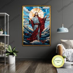jesus christ stained glass art canvas print, religious wall decor, ready to hang