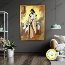 jesus with lamb ready to hang canvas print, religious wall art, framed home decor