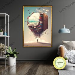 library balloon art canvas, nursery wall decor, kids room print, playroom decoration