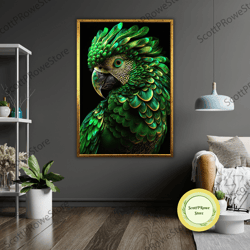 lush parrot art canvas, tropical bird painting, jungle decor, exotic wall art, nature inspired, vibrant colors