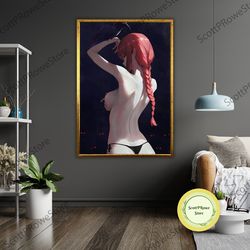 makima chainsaw art canvas print, ready to hang, framed wall decor, chainsaw lover gift