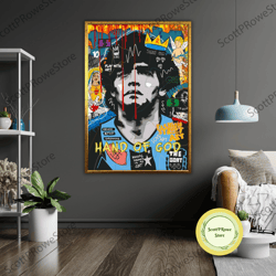 maradona graffiti art canvas print, ready to hang, framed soccer wall decor, sports fan gift