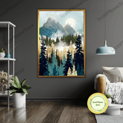 misty pines art canvas print, ready to hang, framed wall decor, nature landscape painting, forest print
