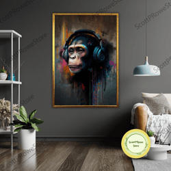 monkey listening to music canvas print, ready to hang, framed monkey wall art