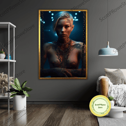 naked tattooed girl art canvas print, ready to hang, framed wall decor, modern nude art, unique home decor