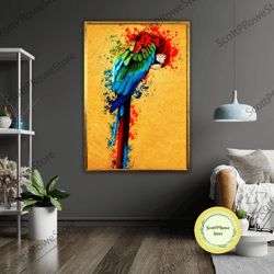 parrot art canvas, tropical bird painting, wall decor, colorful home decoration