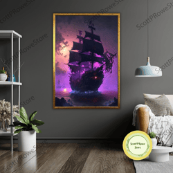pirate ship painting, canvas print, ready to hang art, framed nautical decor, gift for ship enthusiasts
