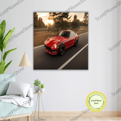 red datsun fairlady art canvas print, ready to hang, framed wall decor, vintage car artwork, classic car lover gift