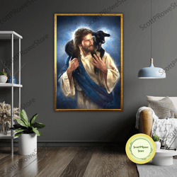 religious jesus lamb framed canvas print, jesus with lamb art, ready to hang wall decor
