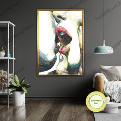 romantic kissing couple art canvas, framed wall decor, ready to hang canvas print, love gift idea