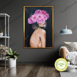 rose haired woman art canvas, floral wall decor, feminine artwork, flower lover gift, romantic home decor