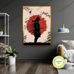samurai in moon art canvas print, ready to hang, framed wall decor, japanese warrior gift
