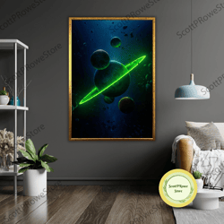 saturn neon art canvas print, ready to hang, framed wall art, celestial decor, space lover gift