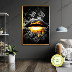 sexy lips dollars canvas print, framed wall art, ready to hang, seductive lipstick kiss poster, sensational decoration