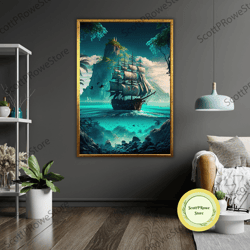 ship in sea art canvas print, nautical wall decor, ready to hang canvas, ocean painting, framed coastal art