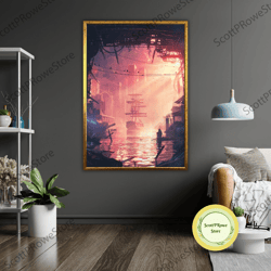 ship in sea art canvas, nautical wall decor, ready to hang coastal painting, framed ocean print-1