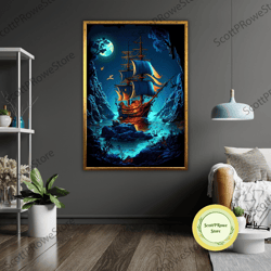 ship in sea art canvas, nautical wall decor, ready to hang coastal painting, framed ocean print