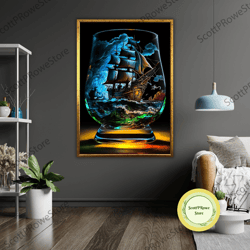 ship inside bowl canvas print, nautical wall art, ready to hang, framed decor, maritime painting