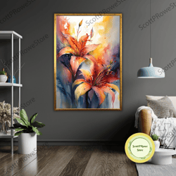 yellow flower lily art canvas, floral wall decor, botanical painting, nature inspired gift