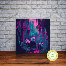 3 cute pandas in the jungle, watercolor art, framed canvas print, framed wall art, synthwave animal art