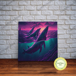 3 blue whales breaching at sunset, vaporwave synthwave ocean art, framed canvas print