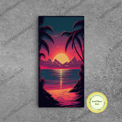 8 bit pixel art sunset, synthwave style palm tree beach, framed canvas print, framed wall art painting