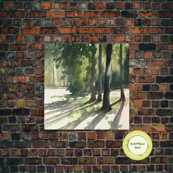 12 o'clock shadow in a pine tree forest, framed canvas print, beautiful watercolor landscape art, decoration for wall li