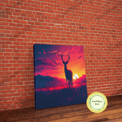 12 point buck watching the sunset, framed canvas print, gift for a hunter