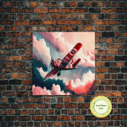 1930s airplane in flight, watercolor, framed canvas print, home decor for pilots, gift for airplane enthusiasts