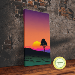 a lone tree in a texas field at sunset, retro style mcm art, framed canvas print, trendy wall prints, landscape and suns