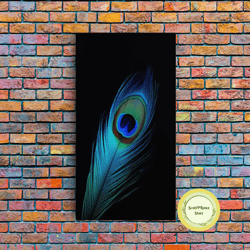 a lone peacock feather, framed canvas print, feather photography, beautiful colorful peacock art