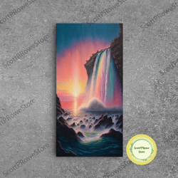 a mythical waterfall and rainbow pouring into the ocean blue at sunset, framed canvas print