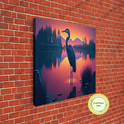 a stork standing in a calm lake at sunset, framed canvas print