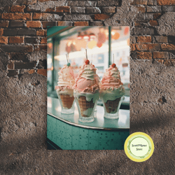 a strawberry sunday kitchen decor, ice cream art, framed canvas print, ice cream parlor decor, icecream shop wall art, m