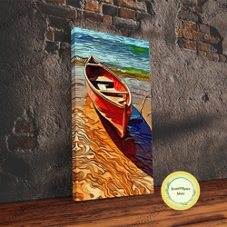 abandoned canoe on the lake, framed canvas print, oil painting style, abstract wall art, lakehouse wall decor, boho art